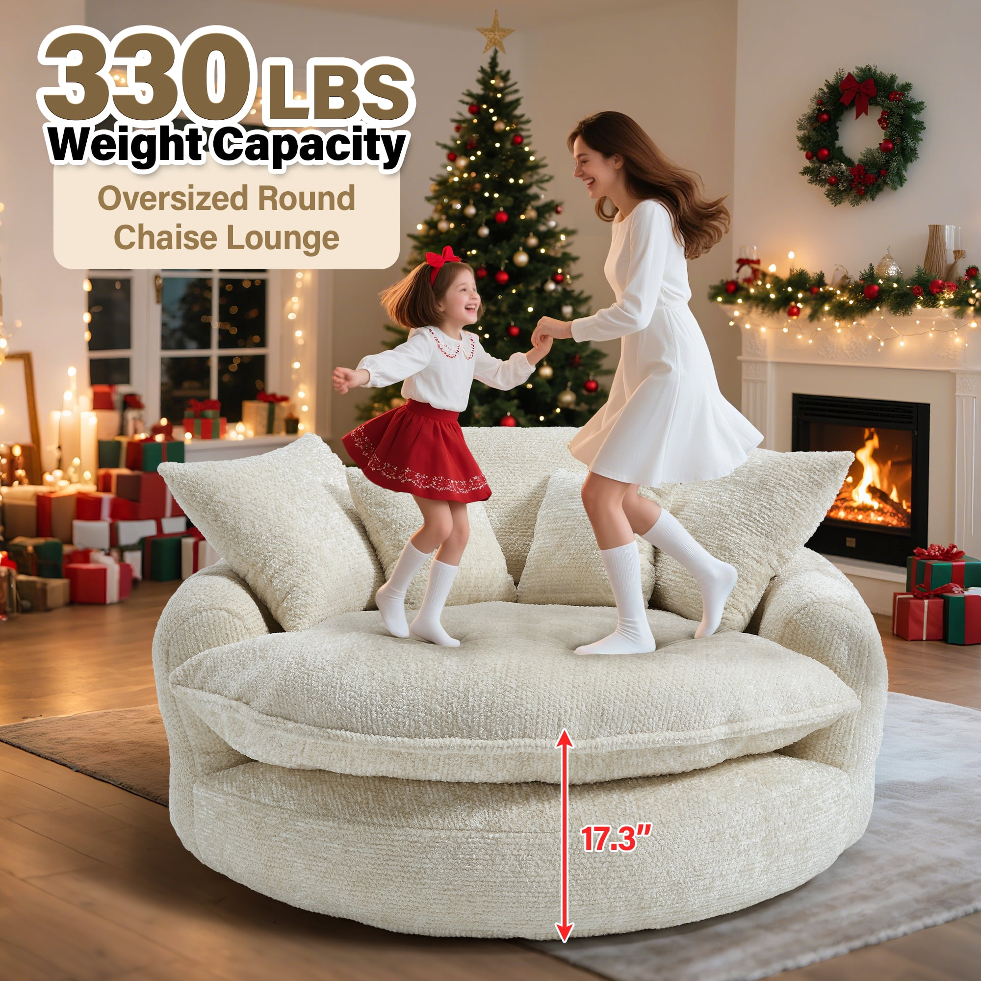 Aukfa 55" Oversized Round Chaise Lounge Chair, Fluffy Deep Seat Cloud Floor Sofa, Modern No Assembly Couch, Beige