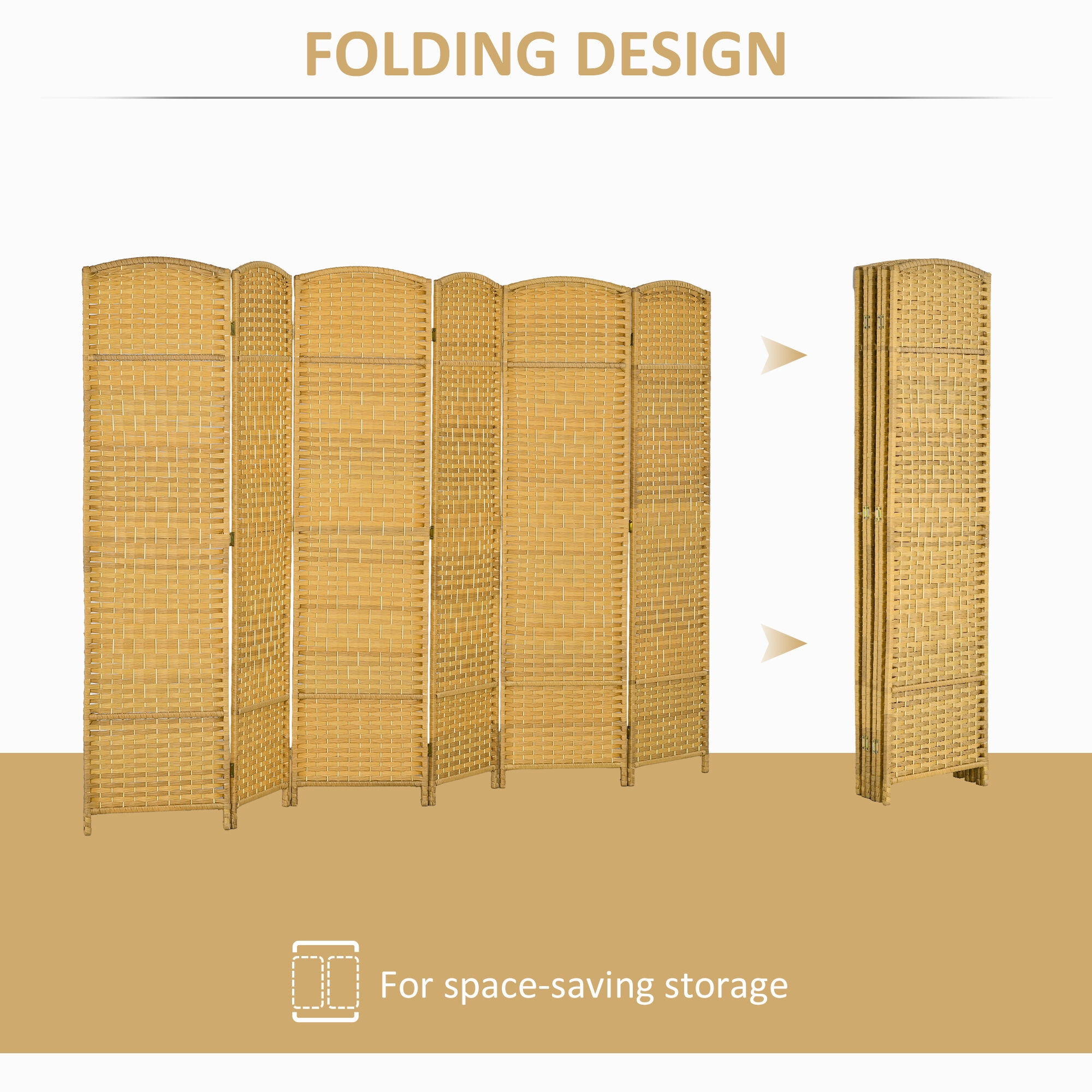 Privacy Screen HOMCOM 6 Panel Room Divider, 6' Tall Folding Privacy Screen, Hand-Woven Freestanding Wall Partition for Home Office, Bedroom, Nature Wood,Outdoor Privacy Screen
