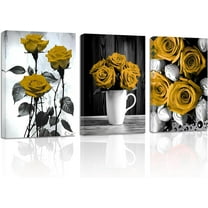 ZHONGYUTONG Elegant Rose Canvas Wall Art 3 Pieces Yellow Rose Flower Painting Prints Black and White Romantic Rustic Floral Picture Couples Bedroom Decor Framed (12.00" x 16.00" x 3PCS)