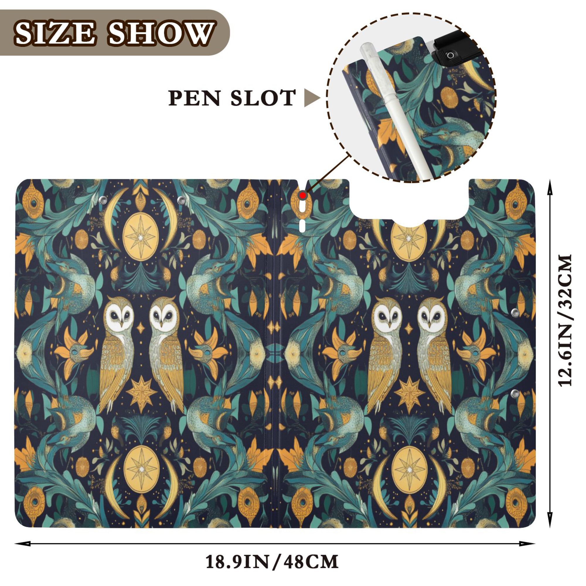FORMRS A4 Clipboard Folder with Pen Holder Horizontal Foldable School Office Binder, Brown Mystical Owls
