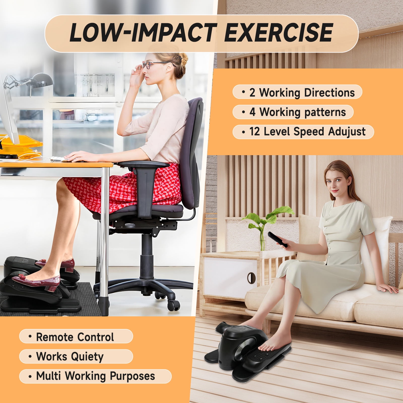 RICAN Under Desk Elliptical Machine, 12 Adjustable Speeds Mini ellipse Leg Exerciser with Remote Control, Forward & Backward Motion, Manual & Electric Dual Modes for Home Office