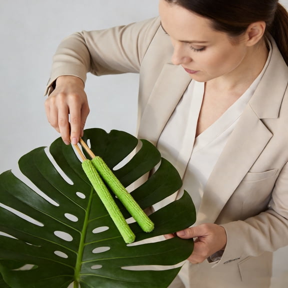 xiziHUAN9C Leaf Cleaning Tongs with Microfiber Pads And Wooden Handle - Portable Tool for Dusting Window Blinds, Shutters & Home Surfaces，Green - 18cm