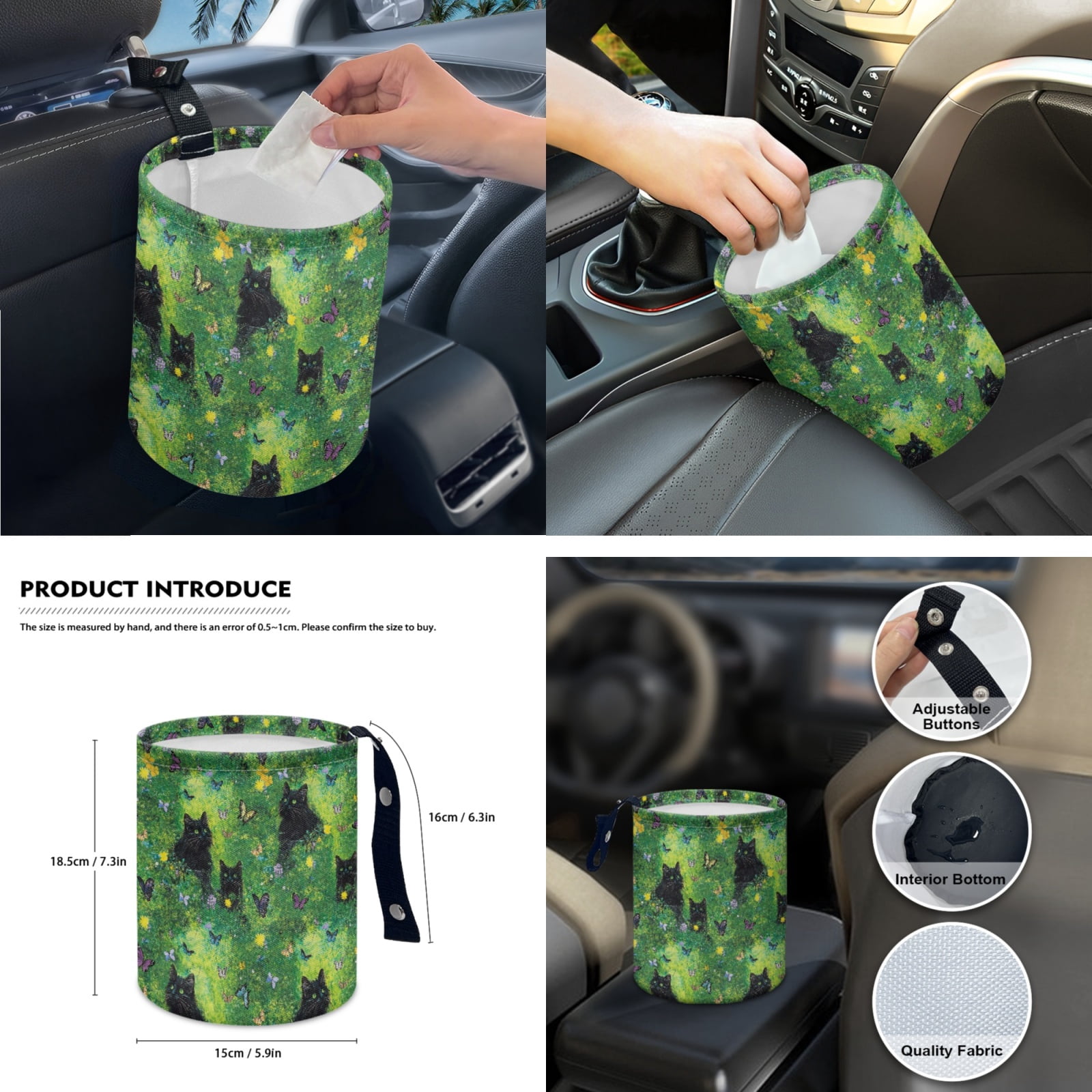 Yuyamidu Black Cat Front Rear Seat Covers for Cars Steering Wheel Cover Butterfly Seatbelt Shoulder Pad Auto Center Console Pad Cover Gear Shift Cover Hand Brake Cover Cup Holders, Set of 14, Green