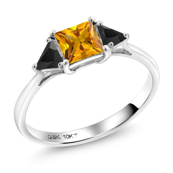 Gem Stone King 10K White Gold Yellow Citrine and Black Onyx 3 Stone Engagement Ring for Women (0.84 Cttw, Gemstone November Birthstone, Princess Center 5MM, Trillion 3.5MM, Size 6)