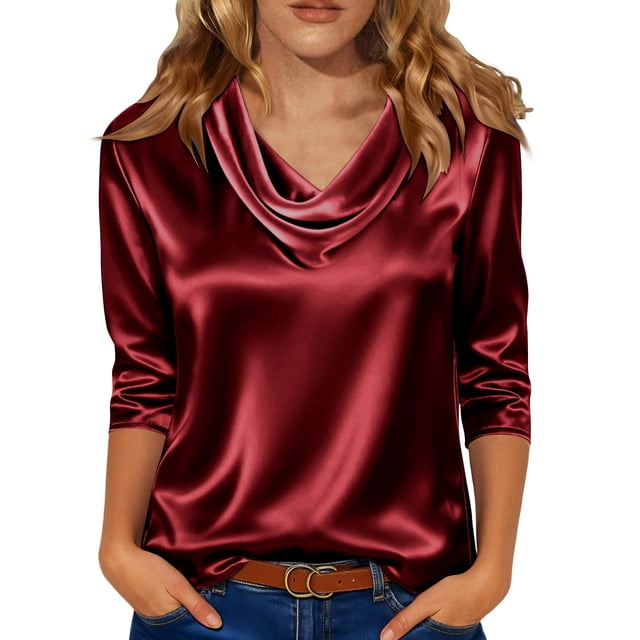Hecho para Más Camisa Mujeres Elegante Draped Escote Plisado Cuello Satén Tres Cuartos de Manga Blusa, Suave Top Casual