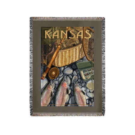 Kansas - Fishing Still Life - Lantern Press Artwork (60x80 Woven Chenille Yarn