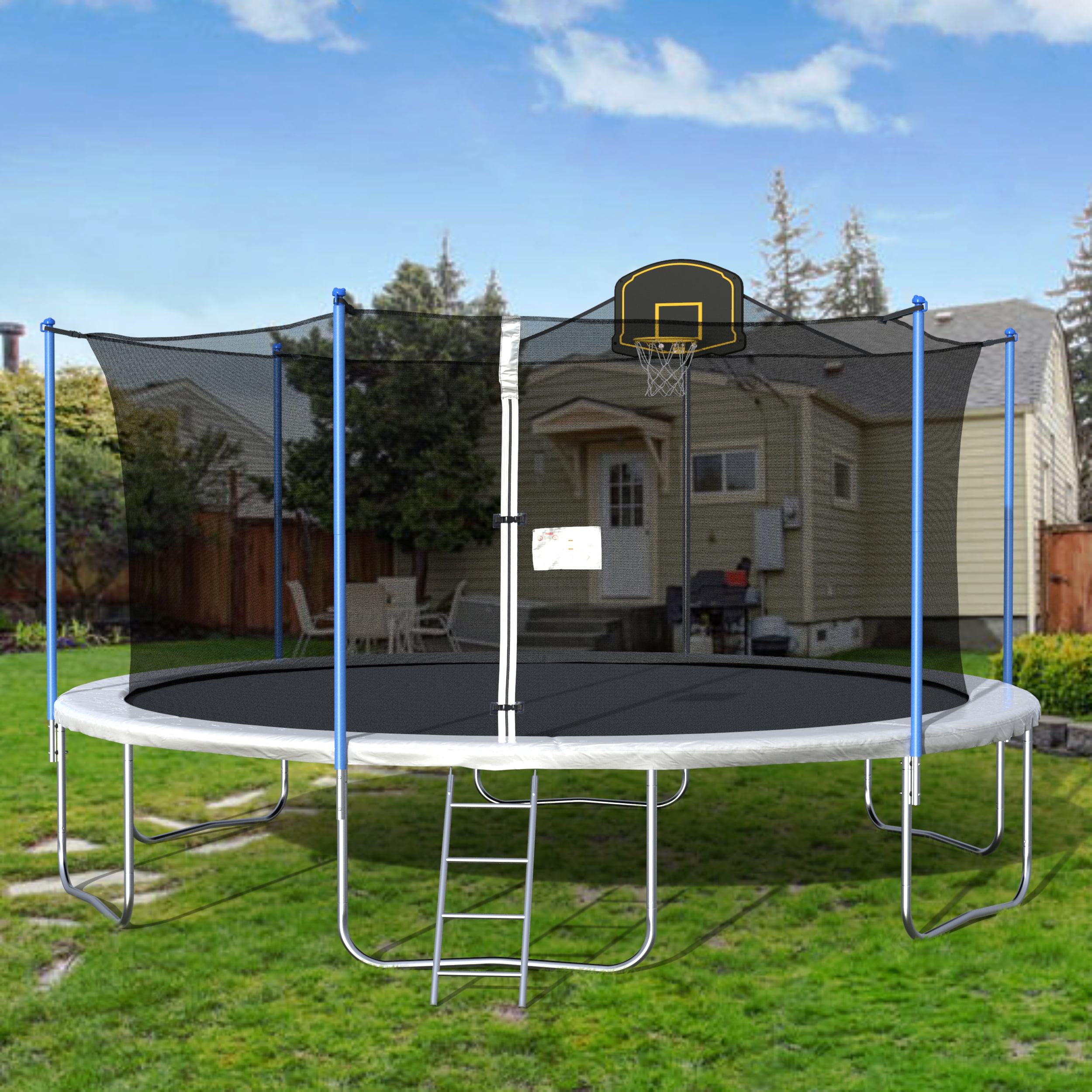 Clearance! Outdoor Trampoline with Basketball Hoop, 16 FT Kids Trampoline with Safety Enclosure Net and Ladder, Round Trampoline Set, Bounce Jump Trampoline for Family School Play Entertainment, W9039