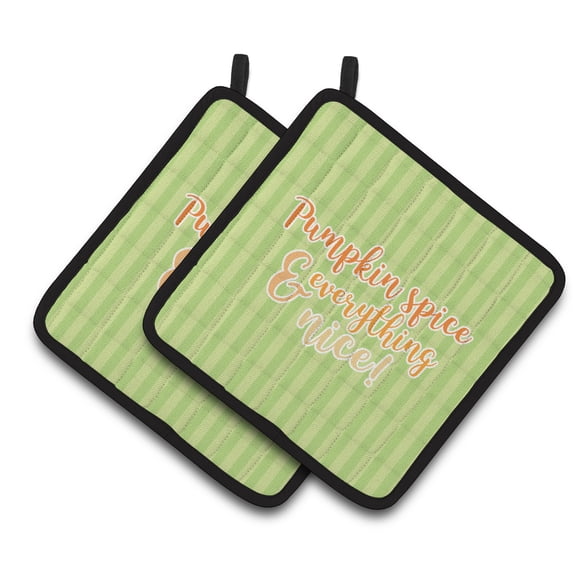 Caroline's Treasures Fall Pumpkin Spice Green Stripe Pair of Pot Holders