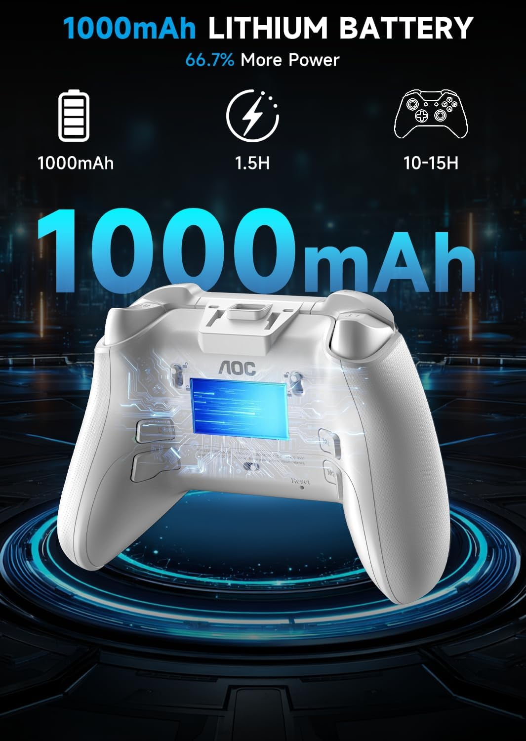 AOC Wireless Gaming Controller for PC, Steam, PS4, iOS, Android, Interactive Screen, Hall Effect Joystick and Triggers, RGB Lighting, Adjustable Vibration/Turbo, White(Not for Xbox, PS5)