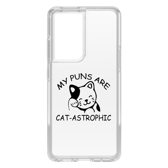 DistinctInk Clear Shockproof Hybrid Case for Galaxy S21 ULTRA 5G (6.8" Screen) - TPU Bumper Acrylic Back Tempered Glass Screen Protector - My Puns Are Cat-Astrophic