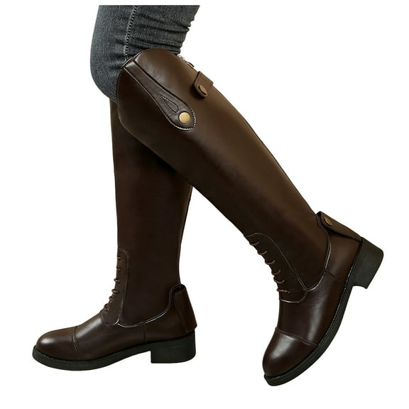 Knee High Boots Women Waterproof Splice Leather Strappy Tall Riding Booties Back Zipper Low Heel Over the Knee Fall Winter Boots