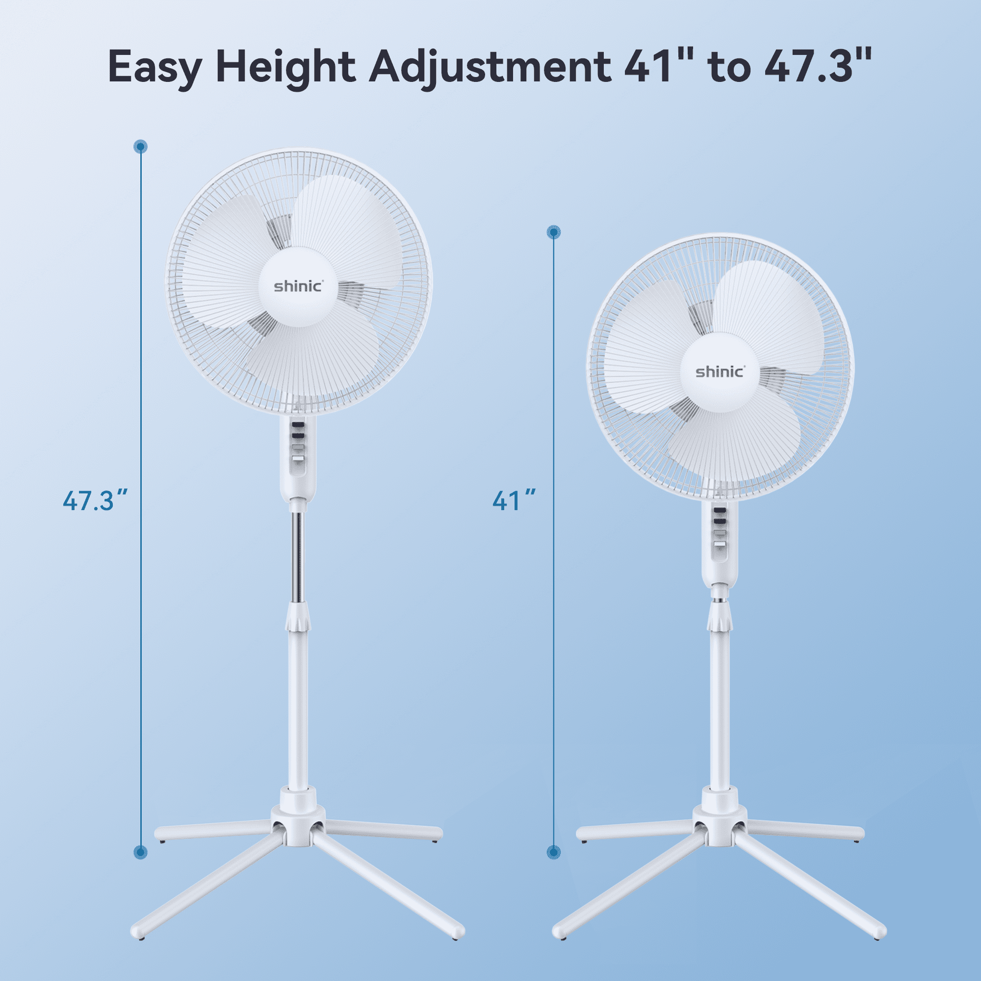 Shinic 16" 3-Speed Oscillating Pedestal Fan with Folding Base, Adjustable Height and Tilt,41"- 47", White