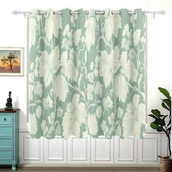 Green Floral Pattern Thermal Blackout Curtains 63x55 Inch 2 Panels Grommet Window Drapes for Bedroom Living Room