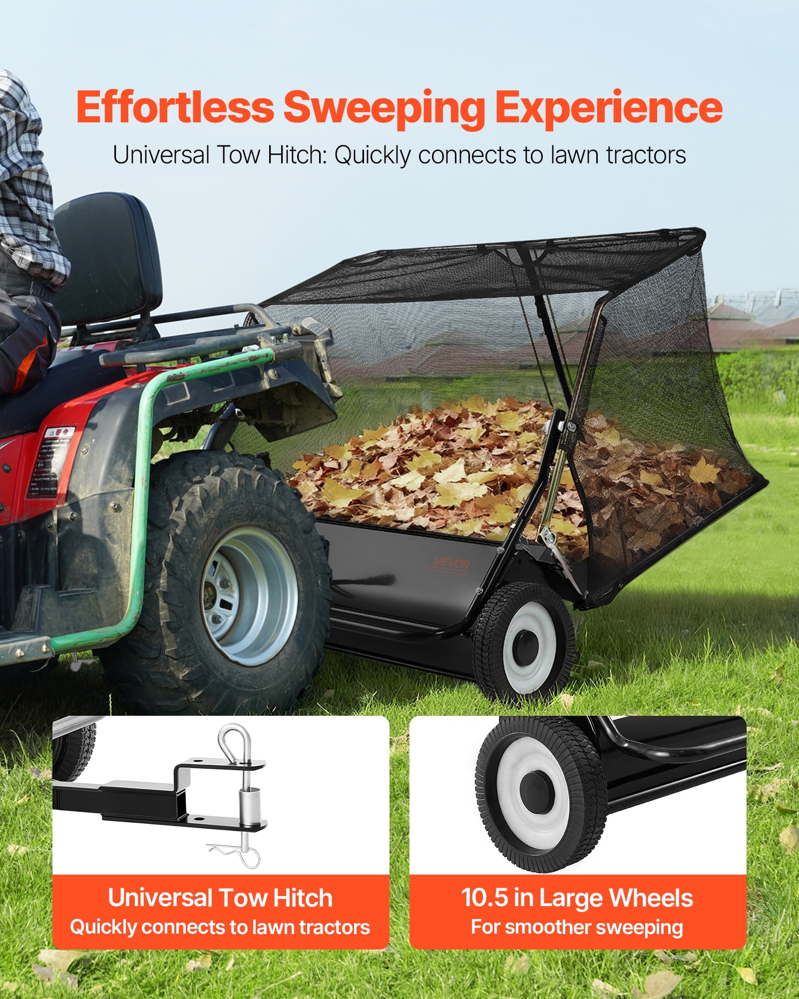 VEVOR Tow Behind Lawn Sweeper, 48 in Pull Behind Yard Sweeper, 26 Cu. ft Hopper Bag Capacity, Leaf & Grass Collector with Dumping Rope, Adjustable Sweeping Height, Garden Sweepers for Lawn Farm