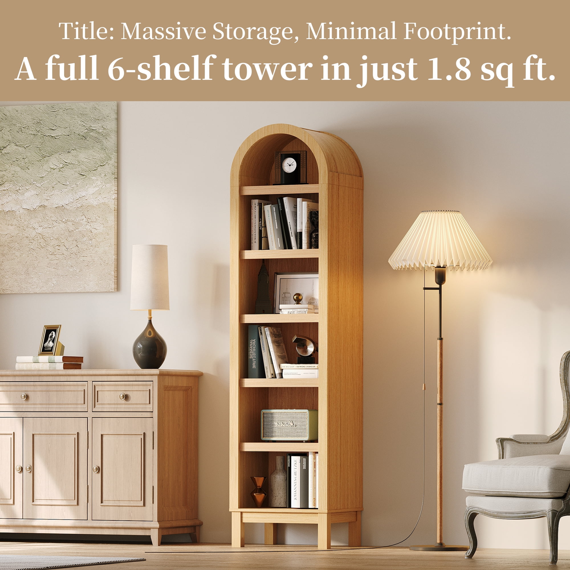 Kromapolis 6-Tier Arched Storage Bookcase with 2 Adjustable Shelves,Narrow Wood Bookshelf Open Display Shelves for Living Room,Entryway,Bedroom,Light Honey,Assembly Require