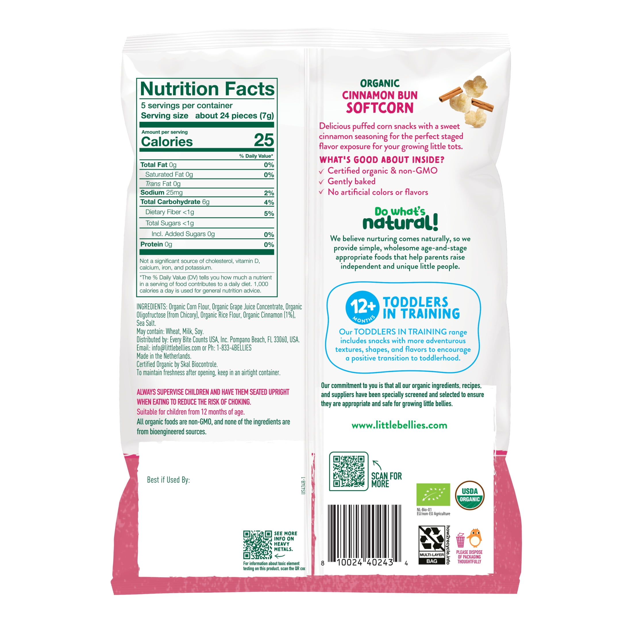 (2 pack) Little Bellies Organic Cinnamon Bun Softcorn 1.25 oz