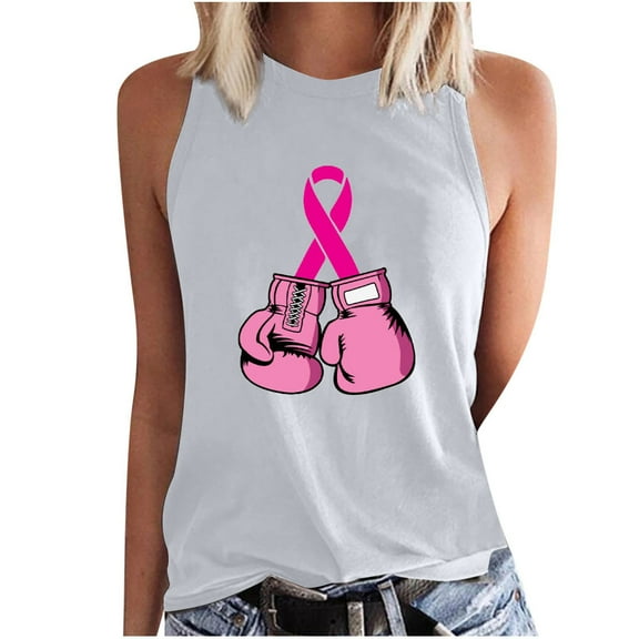 IROINNID Deals Breast Cancer Tank for Women Breast Cancer Awareness Loose Sleeveless Printed Ladies Round Neck Blouses Tops T-Shirt,White
