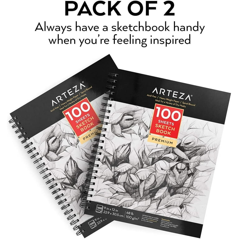 Arteza 9x12 Sketch Book, Pack of 2, 200 Sheets (68 lb/100gsm), Spiral Bound Artist Sketch Pad, 100