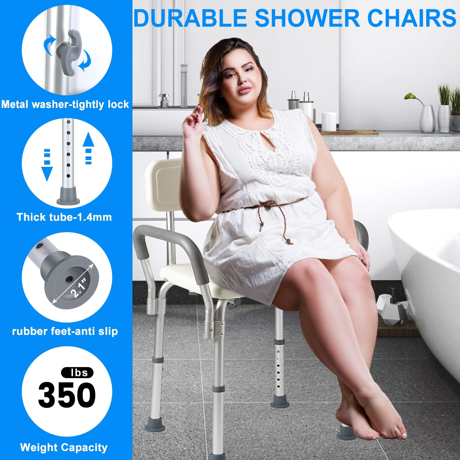 Shower Chair, Heavy Duty Shower Chair with Shower Handle, Adjustable Heights Portable Shower Chair Seat Bench, Anti-Slip Shower Bench Bathtub Stool for Elderly, Senior, Handicap & Disabled
