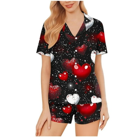 Lovzfmll Pajama Set for Women Valentine s Milk Silk Pajama Set Short Sleeve Collared Top & Shorts Soft & Comfortable Wine XL