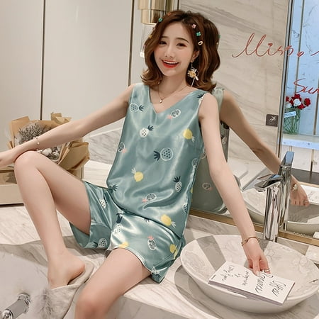 

PIKADINGNIS New Pajamas for Women Summer Sexy Print Short Sleeve Silk V-neck 3XL Sleepwear Set Lonxu Silk Pajamas Set Vest Girl Pyjamas Set