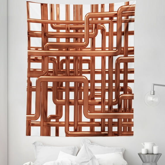 Industrial Tapestry, Knot Complex Design with Entangled Lines Hardware Industry Art, Fabric Wall Hanging Decor for Bedroom Living Room Dorm, 5 Sizes, Umber White, by Ambesonne