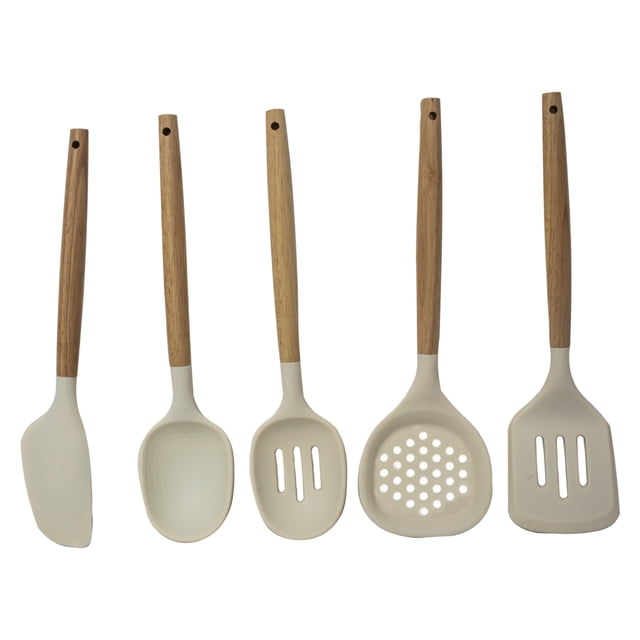 JUEGO DE 5 UTENSILIOS DE SILICONA COLOR CREMA CON MANGO DE MADERA 39788