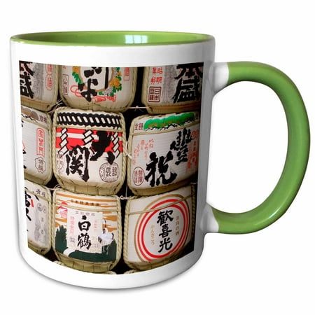 3dRose Barrels of sake on display at Japanese shrine. - Two Tone Green Mug,