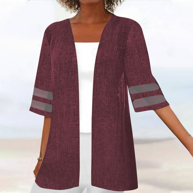Puntoco Chaqueta Cárdigan De Mujer Otoño Malla Encaje Verano Color Sólido Algodón Y Lino top De Manga Media Burdeos L, Regalo Para Mujer