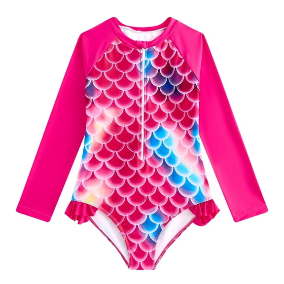 Girls One Piece Swimsuit Scale Print Mermaid Long Sleeve Costume Rash Guard Swimsuit Cosplay Size 6Y