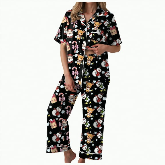 Drie Christmas Pajamas for Women Womens Pajama Sets Short Sleeve Lounge Sets for Women Printed Jogger Pajama Set 2 Piece Pj Sets With Pockets Black,XL