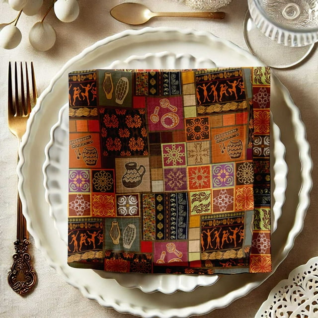 Vargottam Vibrant Tribal Patchwork Print Cotton Muslin Napkins - Set of 12, 20-Inch, Luxurious & Absorbent, Perfect for Festive Occasions, Outdoor Dining, and Home Decor - Machine Washable