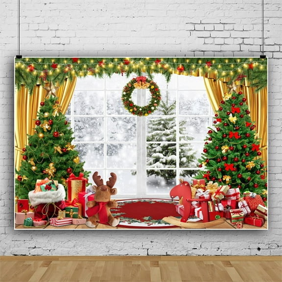 SUNOLIFE Gold Christmas Backdrop Banner Winter Forest Photo Background Banner 5x3ft