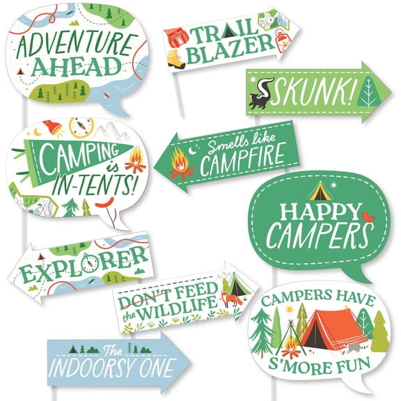 Big Dot of Happiness Funny Camping Photo Booth Props Kit, Camp-Themed Sayings & Puns for Happy Camper Decorations, Kids Birthday Party Supplies - 10 Count Selfie Prop Sticks