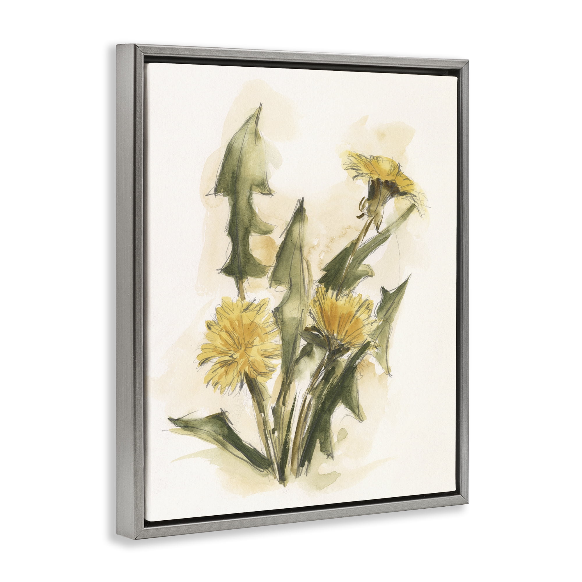Stupell Industries Traditional Yellow Dandelion Botanical & Floral Painting Gray Floater Framed Art Print Wall Art, 25 x 31