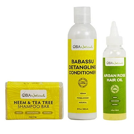OBIA Naturals Neem Shampoo Bar 4oz + Babassu Detangling Conditioner 8oz + Argan Rose Hair Oil 4oz (Best Shampoo For Oily Greasy Hair)