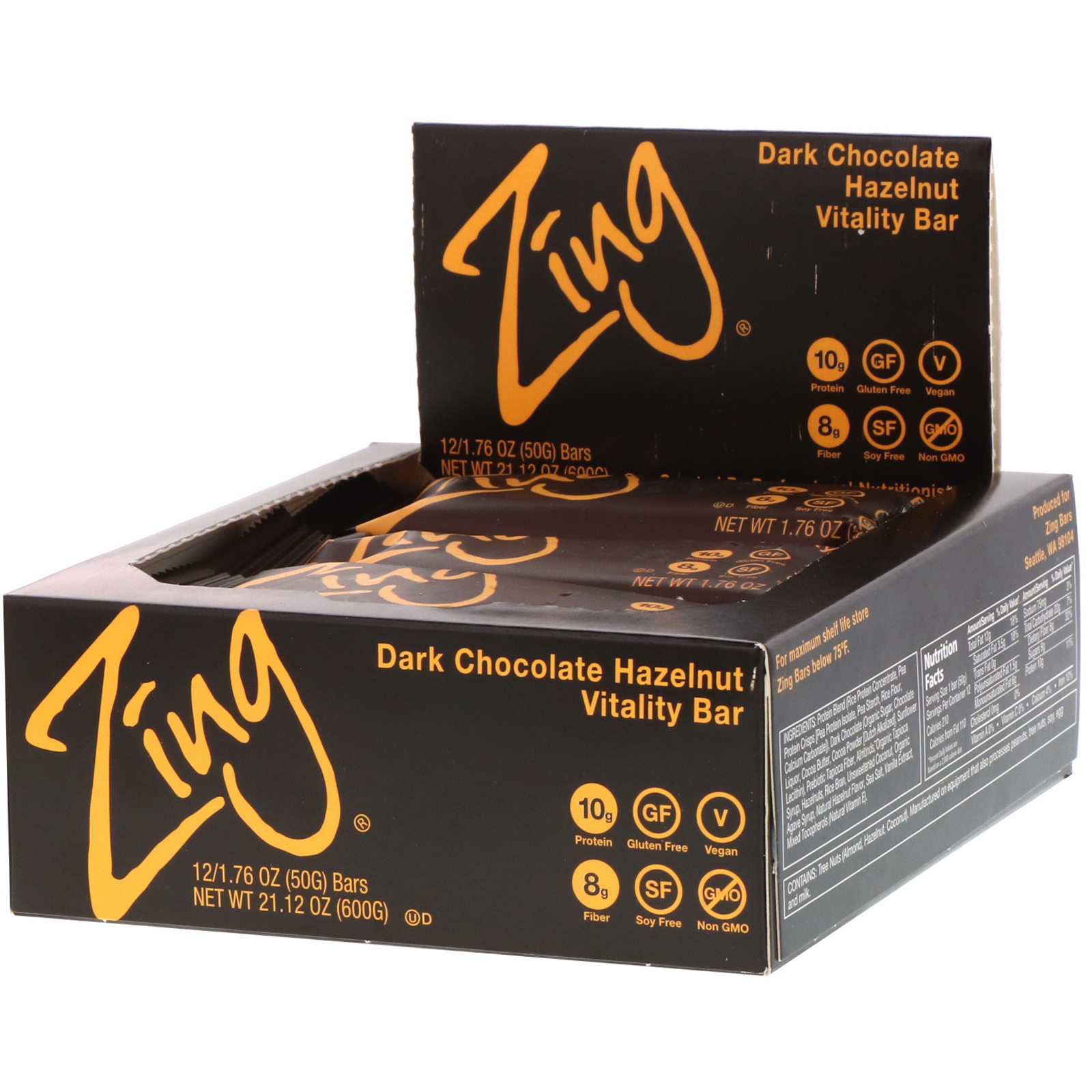 Zing Bars Vitality Bar Dark Chocolate Hazelnut 12 Bars 1 76 oz 50 g