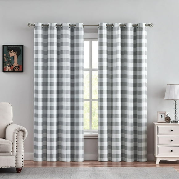 Gray Plaid Blackout Curtain Panels with Grommet Top Room Darkening Energy Efficient Buffalo Check Long Window Curtain Drapery Set for Bedroom/Living Room, 2 Panels, 52 W x 95 L, Grey/White