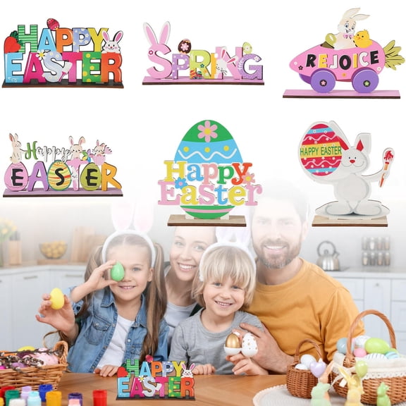 CoreLiving Happy Easter Wooden Table Sign Decoration Bunny Rabbit Farmhouse Rustic Spring Tiered Tray Decor Neutral Indoor Home Office Centerpiece for Parties