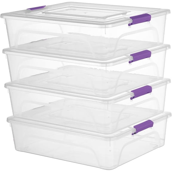 Clear Stackable Storage Bins with lid Storage Boxes Durable Plastic Organizer Containers for Home Office, Kitchen, Craft Supplies (10 Quart 4 Pack Purple)