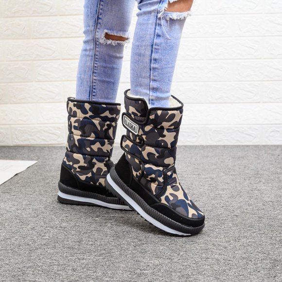 Hjcommed Bottes d'Hiver pour Femmes à Plateforme, Épaisses en Peluche, Imperméables, Bottes de Moto Chaudes, Mi-Mollet, Bleu 36
