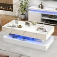 thumbnail image 6 of 47inch Large High-Glossy LED Coffee Table with 2 Sliding Drawers, Living Room Storage Tables with Marbling Print, Modern Stylish Double-Layer Center Tables w/LED Lights, White, 6 of 7