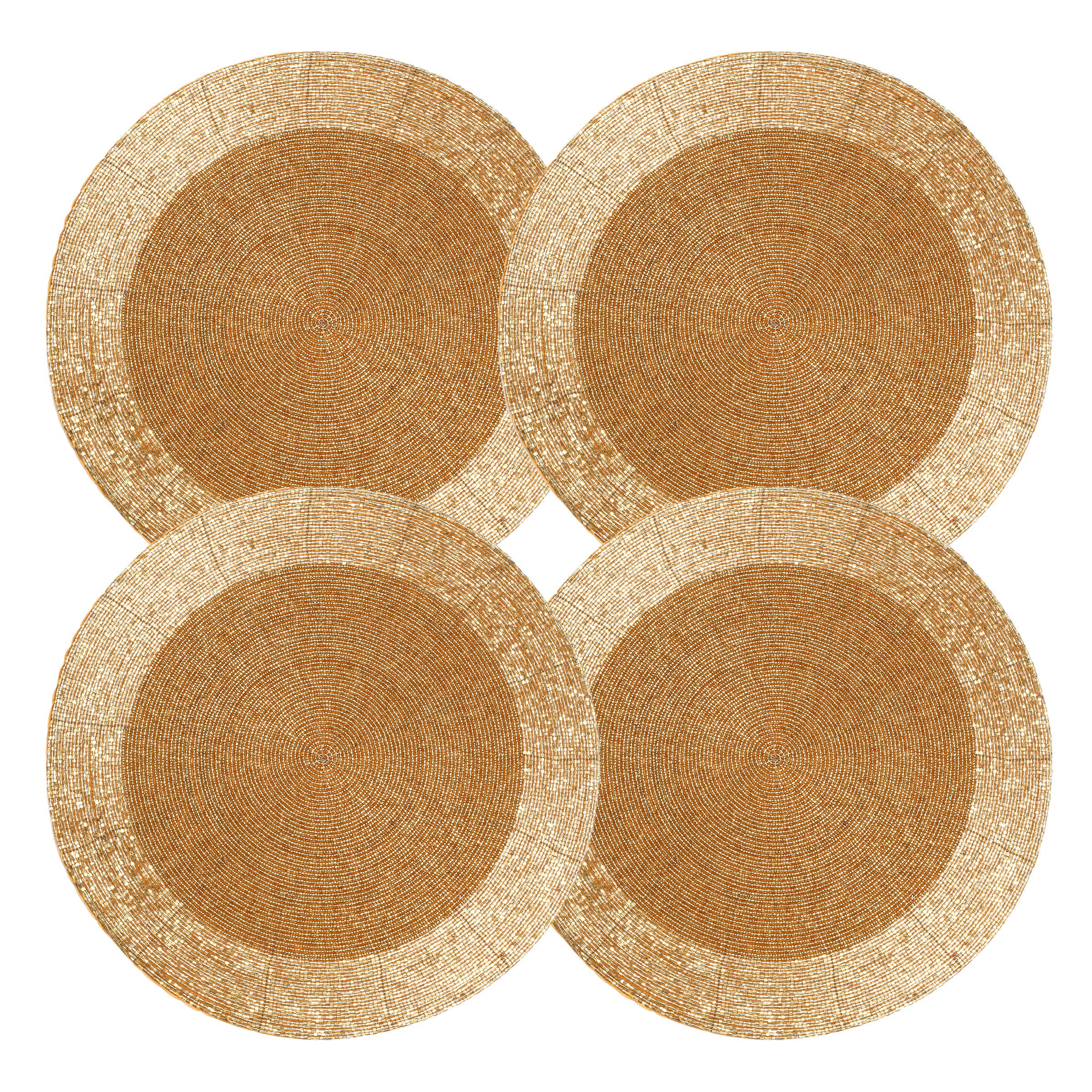 Homebia Designs Handmade Beaded Placemats Set of 4 - Round Charger Mats - Farmhouse Style Table Decor for Dining, Wedding, Holiday, and Special Occasions - Elegant Glitz Table Setting - 13 Inch Gold