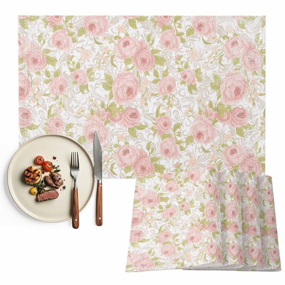 Placemats Set of 6, Pink Floral Place Mats Camellias Flowers Tablemats Washable Placemat Table Decoration for Kitchen Table Dinner Party Home Decor Indoor Outdoor 13x19 Inch