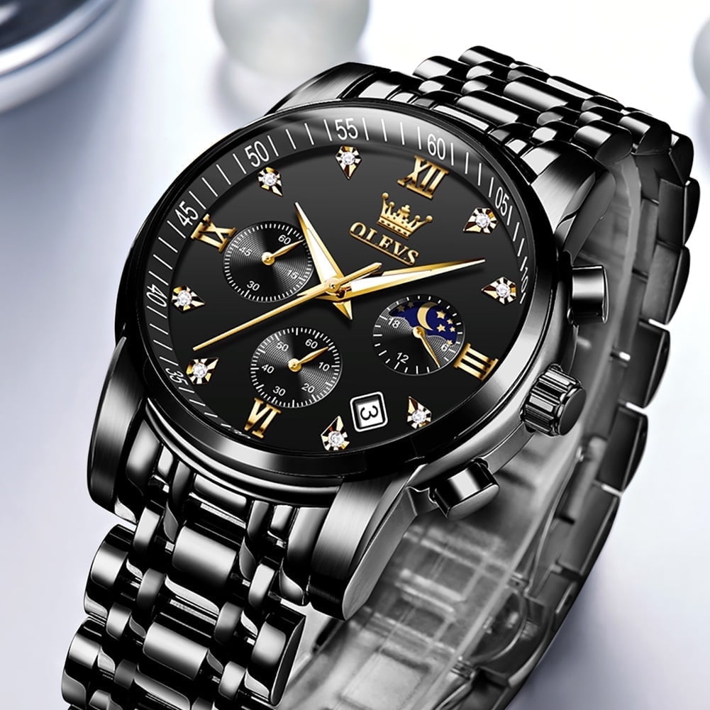 OLEVS Watches for Men Luxury Dress Casual Analog Quartz Gold Plated Stainless Steel Chronograph Moon Phase Waterproof Luminous Date Business Mens Wrist Watches Reloj Para Hombre