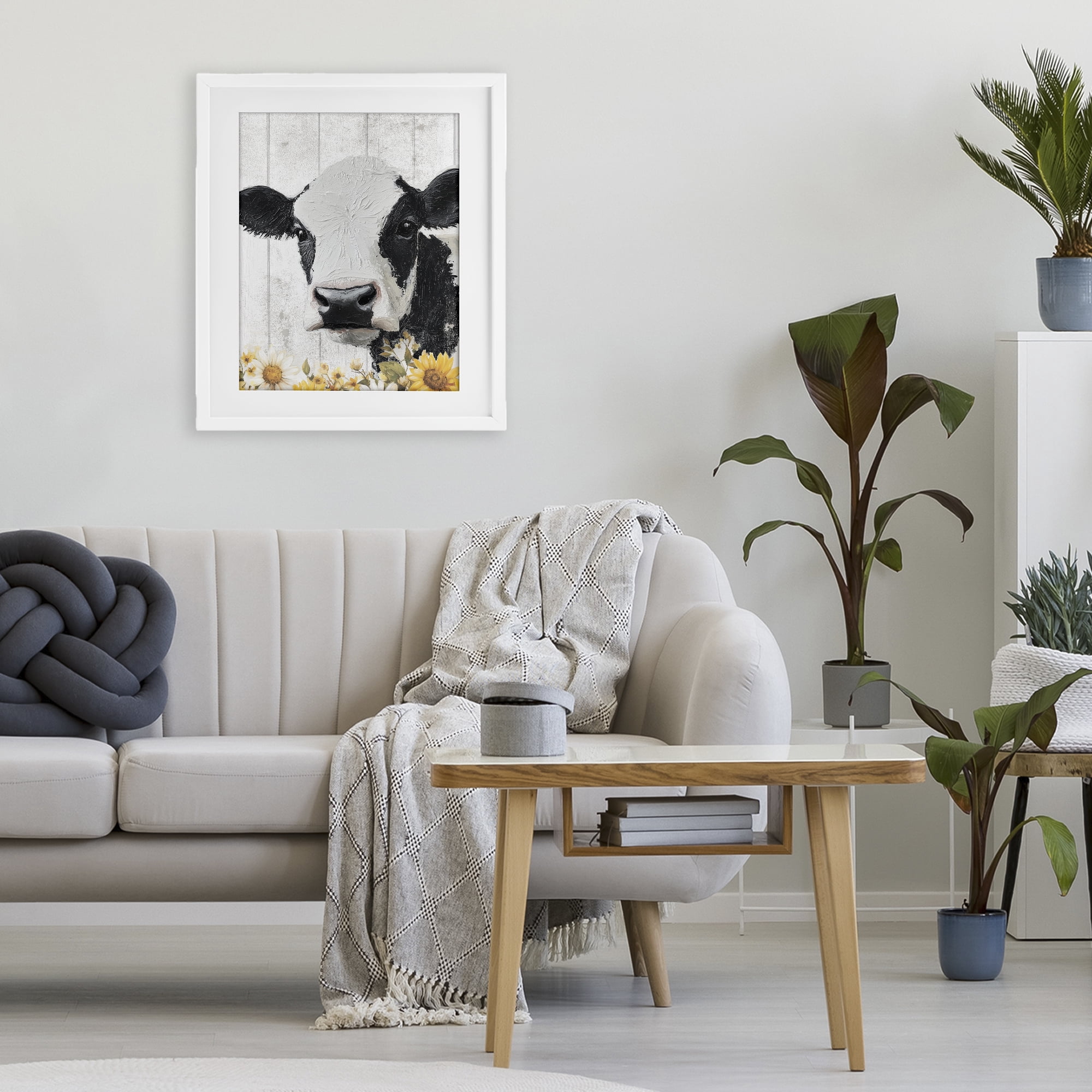 Stupell Industries Cow and Sunflowers White Framed Print Under Glass, design by Christine Simpson Art