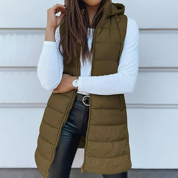 Nfurl Womens Long Puffer Vests Lightweight Solid Color Zip Up Quilted Vest with Hood Casual Outerwear Sleeveless Jackets Fall Winter Coats Coffee S