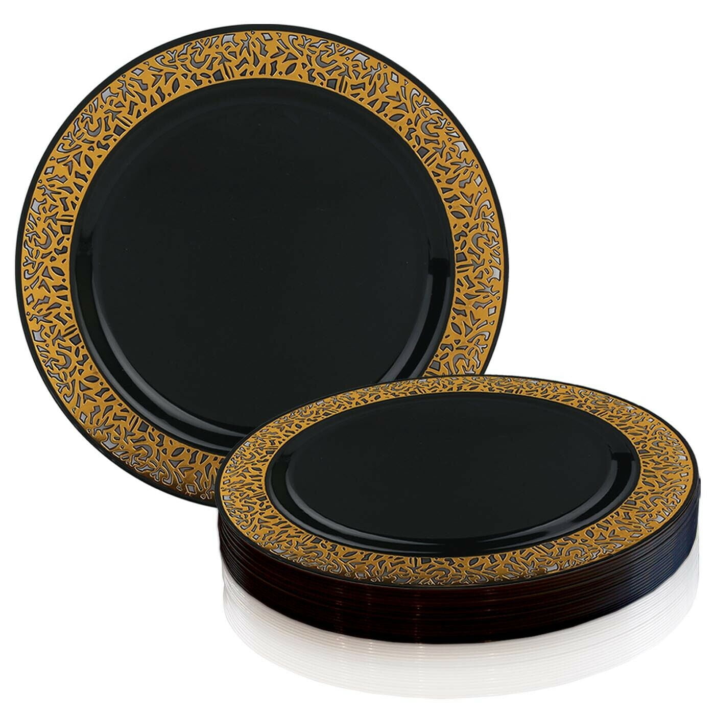 Smarty 10.25" Black Gold Lace Rim Disposable Plastic Dinner Plates