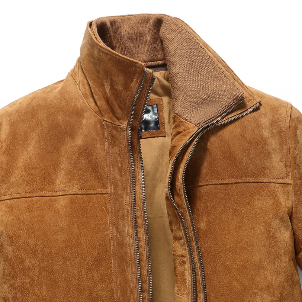FLAVOR Men's Classic Leather Jacket Suede Winter Coat with Removable Collar (XX-Large, Brown)