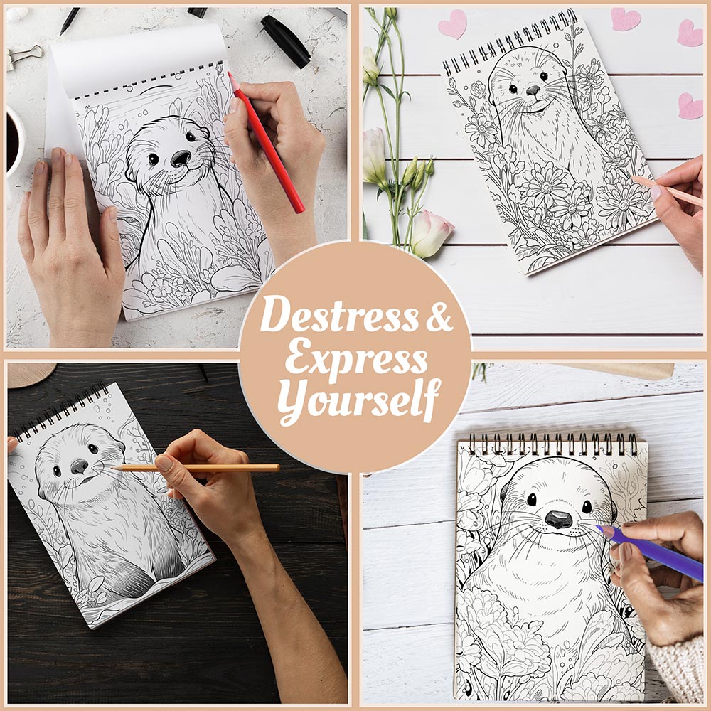 Netecom Sea Otter Coloring Book Spiral Bound For Adults, A5 Wooden Cover, 30 Joyful Coloring Pages of Marine Creatures for Stress Relief and Relaxation